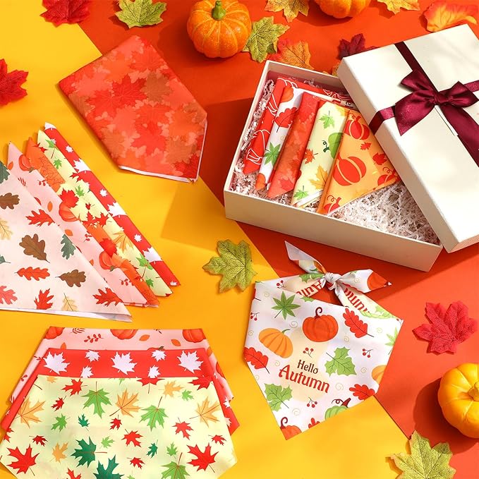 Shyyween 100 Pieces Thanksgiving Fall Dog Bandanas Bulk Maple Leaves Autumn Dogs Bandanas Soft Doggie Bibs Adjustable Triangle Scarves with Pumpkin Patterns for Small Medium Large Pet Costume