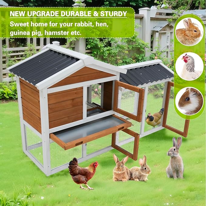 Outdoor Wooden Rabbit Hutch with Waterproof PVC Roof - Includes Staircase, Easy-Clean Tray, Secure Fence Design, Superior Ventilation, and Triple Lockable Access Doors（41314）