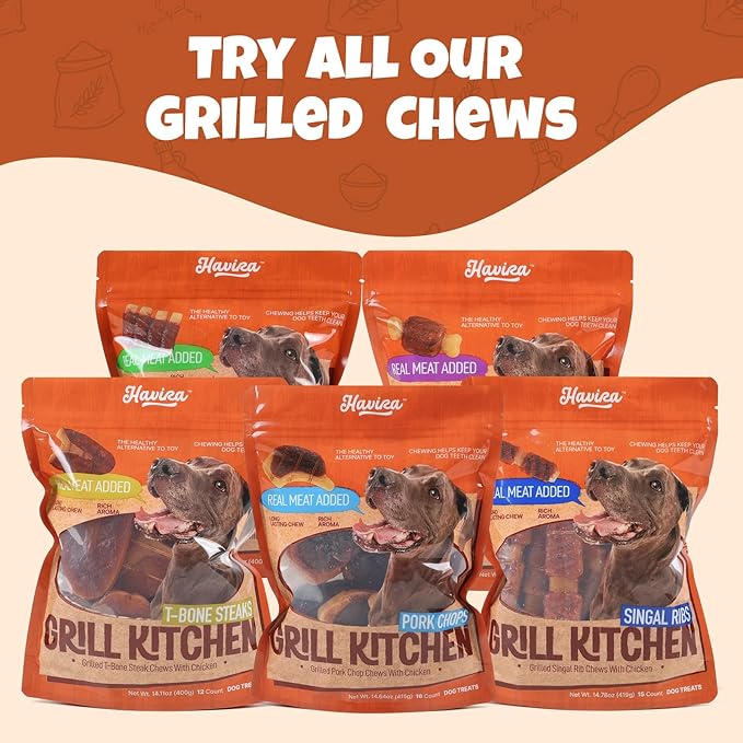 Havira BBQ Dog Treats Ham Bone 12 Count, Grill-Shaped Rawhide Free Dog Chews Bone, Easily Digestible, for All Life Stages