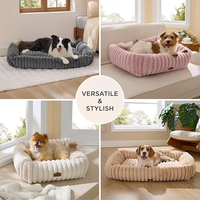 Bedsure ComfyFleece™ Cute Dog Beds Large Sized Dog - Washable Furry Pet Beds, Rectangle Orthopedic Corduroy Fleece Puppy Beds with Removable Zipper Cover, 36x27x8inches, Vintage Indigo
