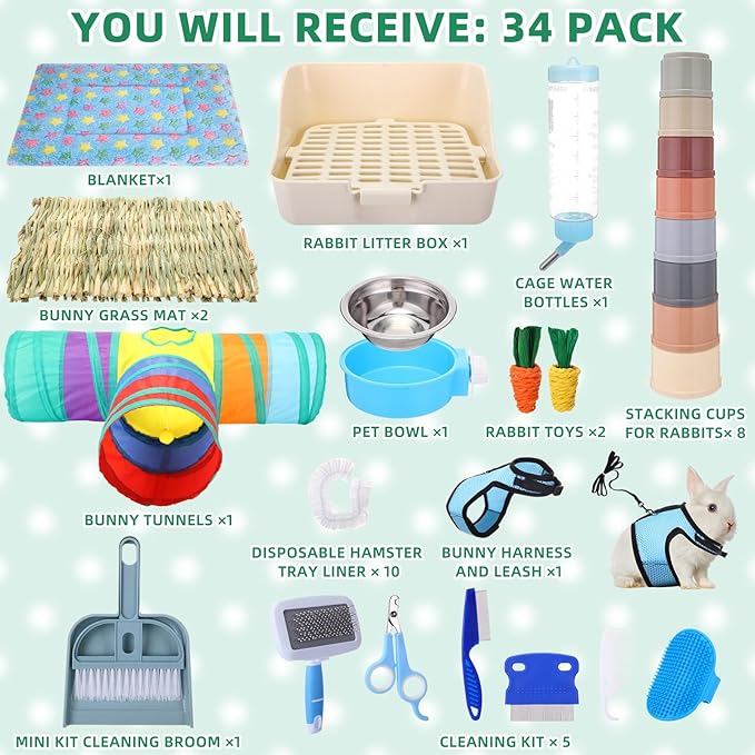 34 Pcs Rabbit Starter Kit Rabbit Litter Box Small Animal Water Bottle Stacking Cups Bunny Tunnels Animal Grooming Kit Bowl Blanket with Cleaning Set for Guinea Pig Bunny Accessories(Blue)