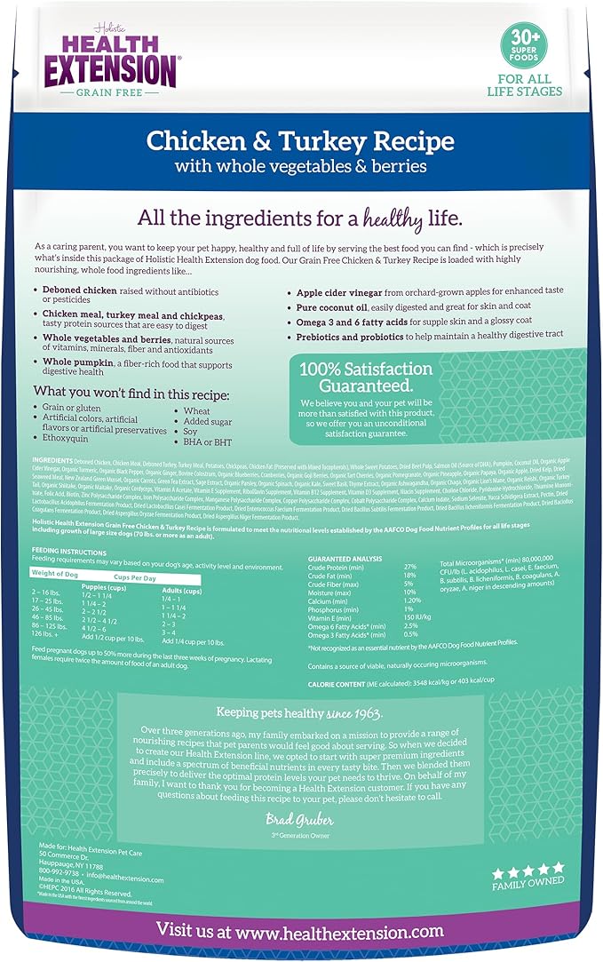 Health Extension Grain Free Chicken & Turkey Dry Dog Food - 30+ Superfoods and Probiotics for All Life Stages (1lb)
