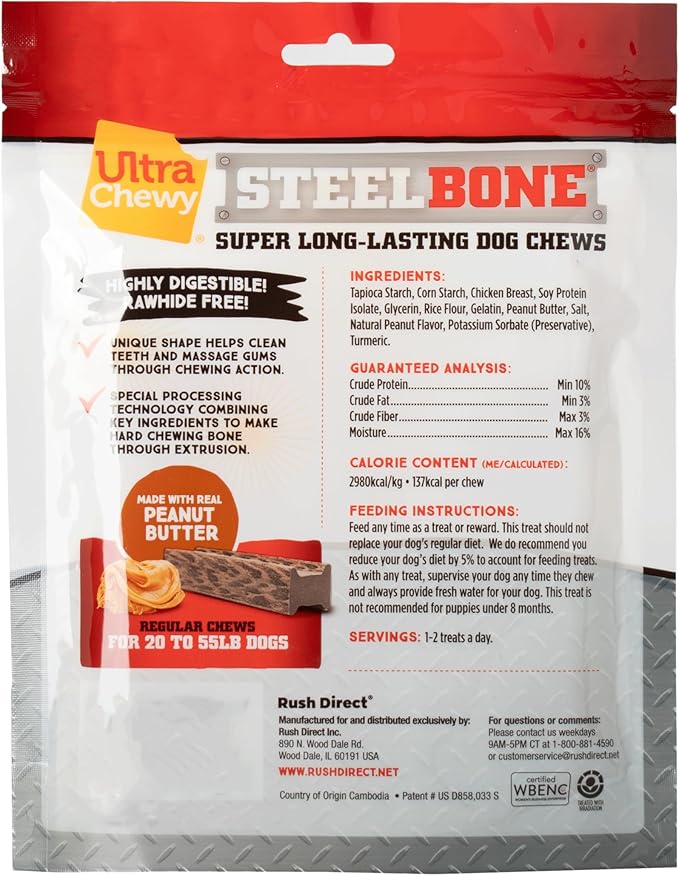 Ultra Chewy Steel Bones Regular Size Peanut Butter Flavor - Super Long Lasting Dog Chews - Rawhide Free & Highly Digestible - Unique Shape Helps Clean Teeth - Ideal Dog Bones for Aggressive Chewers