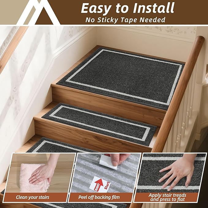 COSY HOMEER Stair Landing Rug 30x30 Inch, Non-Slip Square Landing Mat for Wood Steps Indoor, Washable Polyester with TPE Backing, Black