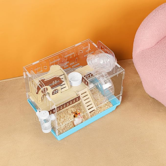 Acrylic Hamster Cage Small Hamster Habitat 360 Viewing Hamster Enclosure with Running Wheel & Hideout for Dwarf, Guinea Pig, Gerbils, Blue, 13.3" L*10.2" W*12.4" H