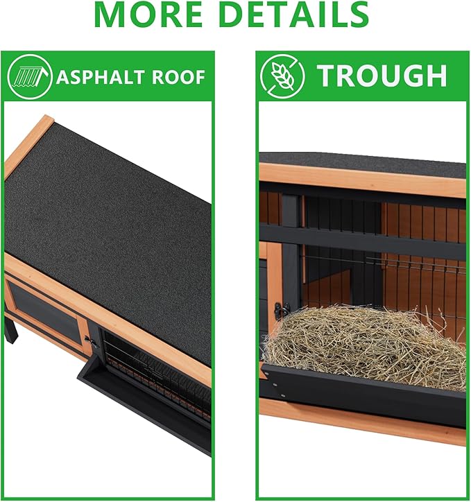 Wooden Rabbit Hutch Elevated Bunny Cage Indoor Outdoor, 43.3" Small Animal House with No Leak Tray Feeding Trough and Openable Asphalt Roof for Guinea Pigs Quails Ducks & Hedgehogs (Brown)