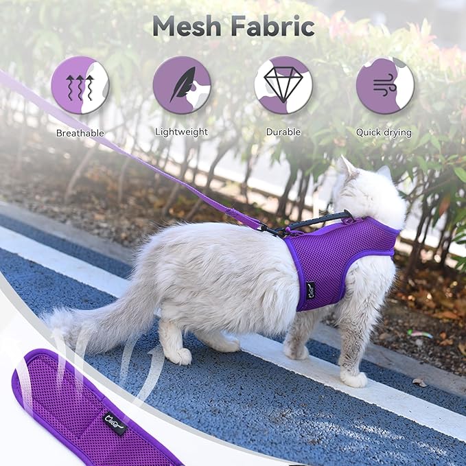 Cat Harness and Leash for Walking Escape Proof Breathable Mesh Fabric, Purple, XX-Large, Adjustable Cat Walking Jackets with Handle, Padded Stylish Cat Vest