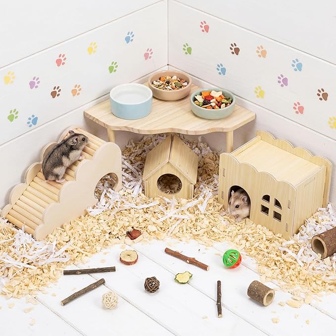 BreezeHug 4 Pcs Hamster Platform Hideout Wooden Tunnel Ladder Playhouse Hamster Game Climbing Toy with Platform Cage Accessories for Small Pets Dwarf Syrian Mice Degus Gerbils Squirrel(Wave House)