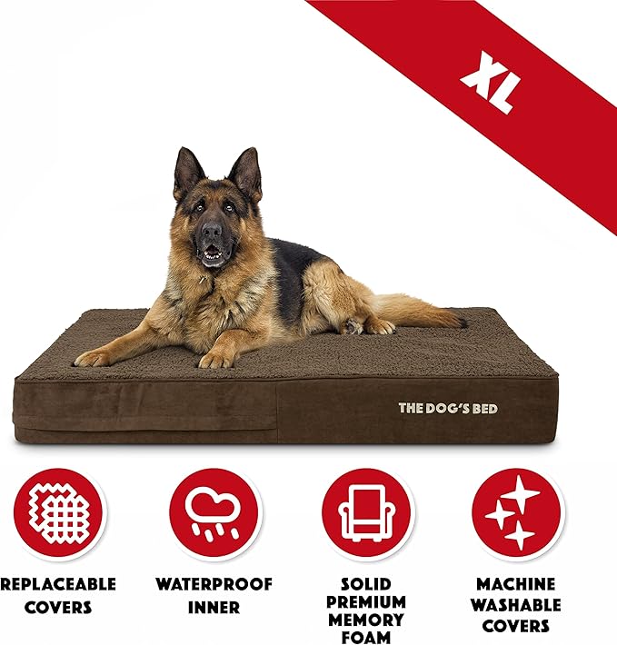 The Dog’s Bed Orthopedic Memory Foam Dog Bed for XL Dogs, Waterproof Washable Cover, Anti-Slip Base, Calming Surface – CertiPUR-Certified Foam, Brown Plush, 6 Inch Thick