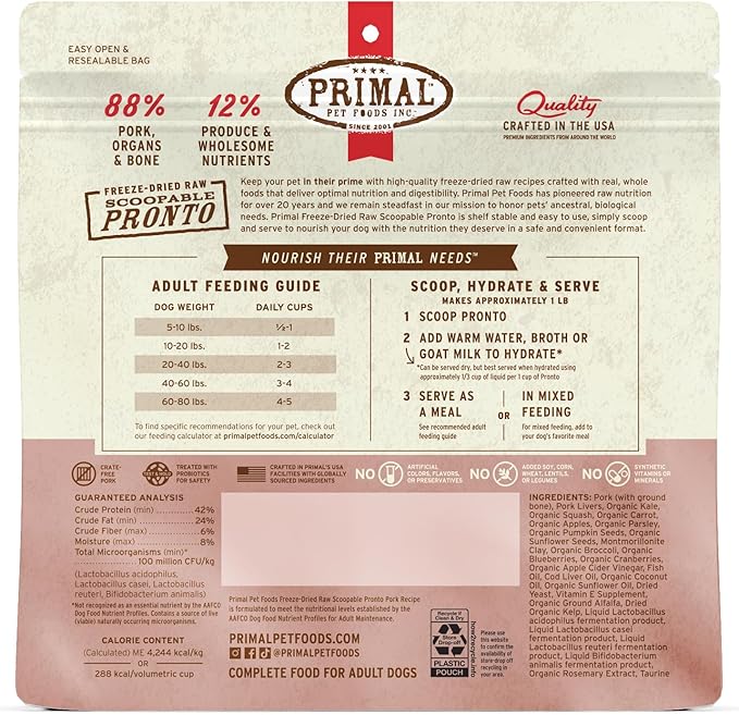 Primal Freeze Dried Dog Food, Pronto Mini Nuggets, Pork; Scoop & Serve, Complete & Balanced Meal; Also Use As Topper or Treat; Premium, Healthy, Grain Free, High Protein Raw Dog Food 16 oz (Pack of 2)