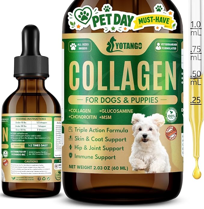 Liquid Collagen for Dogs, Natural Dog Collagen for Skin & Coat Support, Immune Support, Joint & Mobility Care with MSM, Middle-Aged and Older Dogs (Bacon Flavor - 60ml)