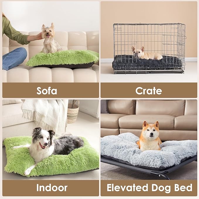 EHEYCIGA Fluffy Dog Crate Bed for Large Dogs, Plush Faux Fur Crate Pad, Calming Anti Anxiety Large Dog Bed, Washable Soft Warm Mat with Non-Slip Bottom, Green