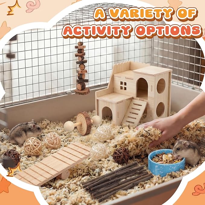 40 Pcs Hamster Cage Accessories, 9.5'' Exercise Wheel, Wood Platform Hideout House, Water Bottle, Sand Bath, Bowl, Chew Toys for Syrian Hamsters Mice Gerbils Habitat Decor(Fun Style)