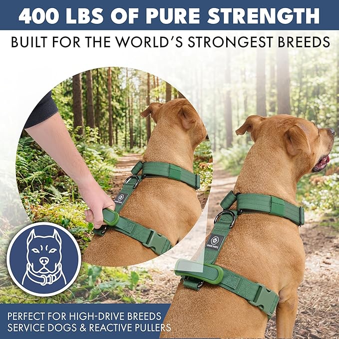 Spark Paws No Pull Dog Harness with Handle for Large Dogs, Heavy Duty Dog Harness for Big Strong Breeds, Adjustable, Y Shaped Padded Halter Design with Front Clip - Army Green - L