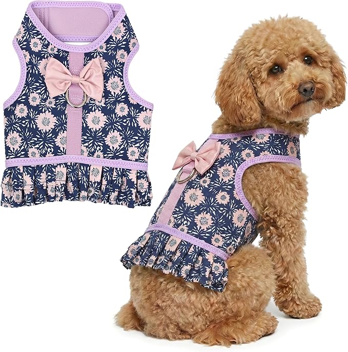 Parisian Pet Floral Dog Harness Dress - Breathable No Pull Puppy Dress with Leash Ring - 100% Mesh Fabric Harnesses for Dogs - Soft Padded Step in Pet Vest - All Weather Dog Harness for Large Dogs