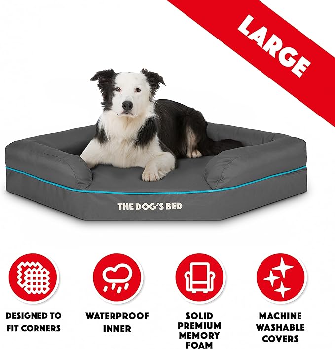 The Dog’s Bed Orthopedic Memory Foam Corner Dog Bed, Calming Surface – CertiPUR-Certified Foam, Oxford Fabric, Grey with Blue Trim, Large
