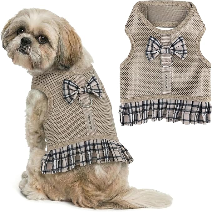 Parisian Pet Plaid Khaki Dog Harness Dress - Breathable No Pull Puppy Dress with Leash Ring - 100% Mesh Fabric Harnesses for Dogs - Soft Padded Step in Pet Vest - Dog Harness Medium Sized Dogs