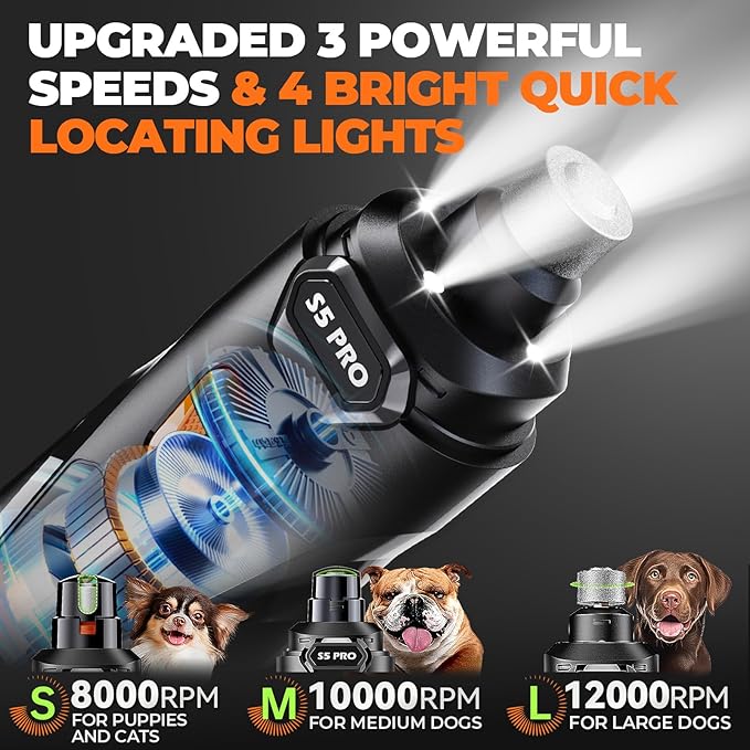 Whisper Quiet Dog Nail Grinder with LED Light, Safe & Stress-Free for Sensitive Dogs of All Breeds & Sizes, 3 Grinding Bits, 3-Speed, Pet Nail Trimmers, Rechargeable Painless Grooming Kit