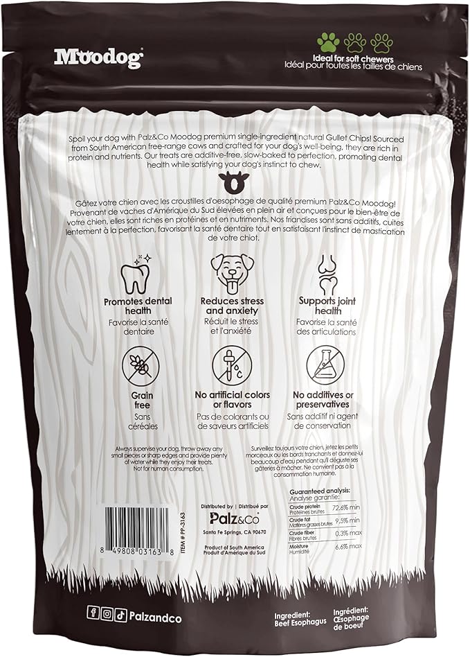 Palz&Co Moodog Beef Gullet Chips - 100% Grass-Fed, High-Protein Dog Treats, Supports Dental Health, Grain-Free & Easily Digestible, 5 oz Bag