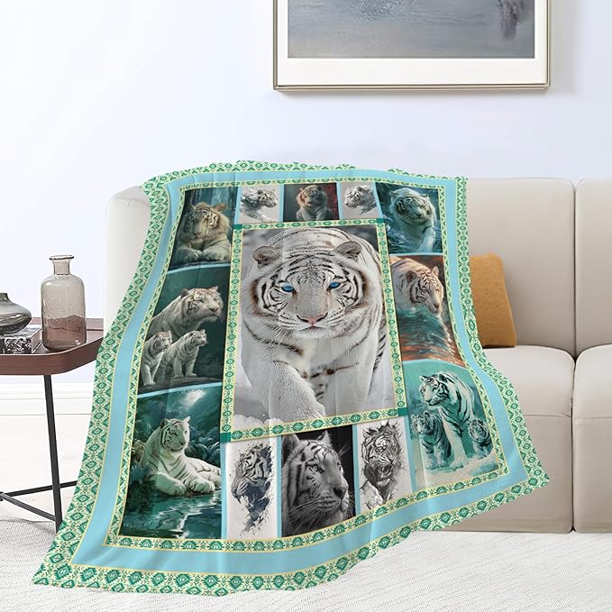 White Tiger Throw Blanket White Tiger Stuff Gifts for Kids Girls Boys Adults Women Men Soft Cozy Warm Plush Fluffy Fuzzy Fleece Blanket Decor 50''X60''