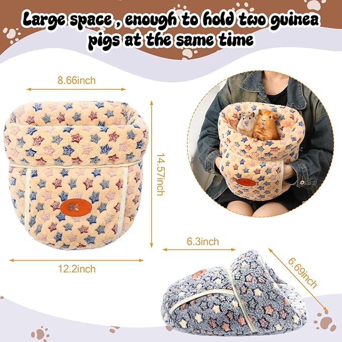 Wenqik 2 Pcs Guinea Pig Hideouts Guinea Pig Bed Washable Bunny Bedding Cuddle Warm Small Pet Sack Supplies Portable Pet Carrier Cage Nest Accessories for Cage(Blue, Khaki,Star)