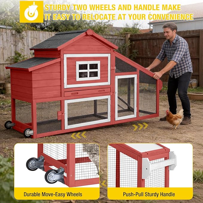 Aivituvin Chicken Coop Expandable Mobile Chicken House for Outdoor with Wheels, Nesting Box, Leakproof Pull-on Tray and UV-Resistant Roof Panel (Red, AIR23)