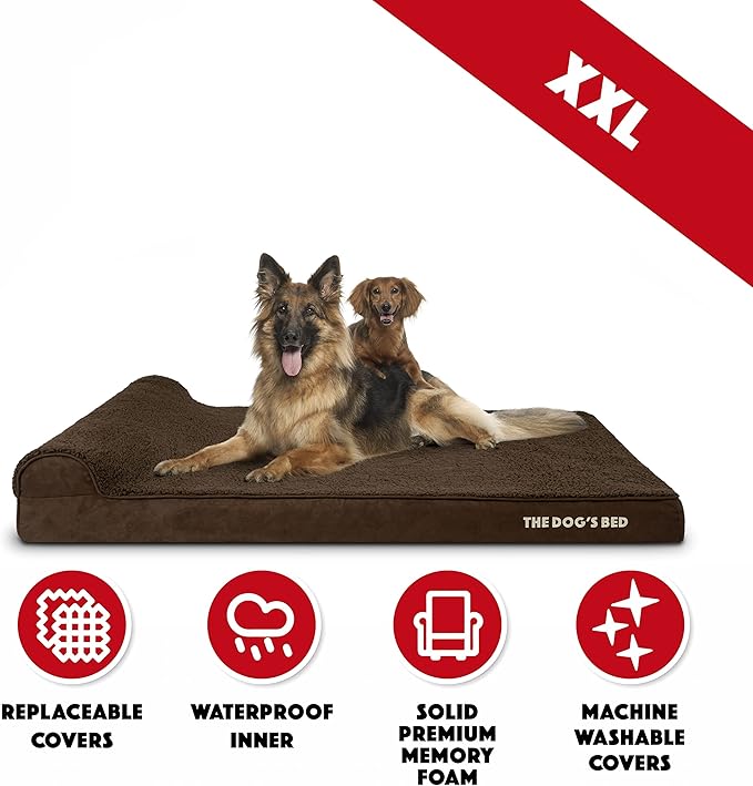 The Dog’s Bed Orthopedic Memory Foam Dog Bed with Headrest, Calming Surface – CertiPUR-Certified Foam, Plush Fabric, Brown Plush, XXL, 4-Inch