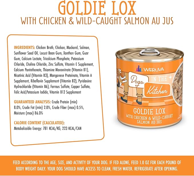 Weruva Dogs in The Kitchen, Goldie Lox with Chicken & Wild-Caught Salmon Au Jus Dog Food, 10oz Can (Pack of 12)