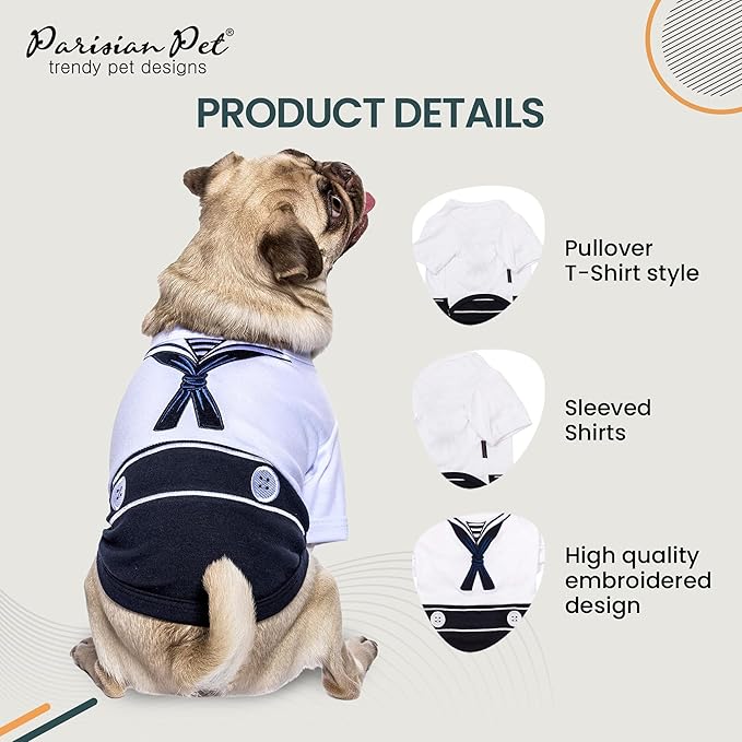 Parisian Pet Sailor Dog Costume - 100% Cotton Dog Clothes for Small Dogs Boys - Lightweight and Breathable Puppy Outfits - Funny Chihuahua Clothes - Cute Navy Pet Shirt - Stretchy T Shirt for Dogs