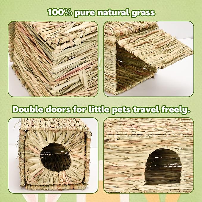 Grass House for Rabbits,Sangle Sopffy,Hand Woven Bunny Grass House,Natural Grass Hideaway for Bunny Guinea Pig Chinchilla Ferret Hamster Squirrel with Rabbit Chew Toys (2 Pack, 14.5*11.4*10.2inch)