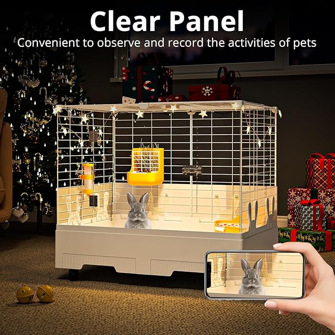 Oneluck Deluxe Rolling Bunny Hutch with Urine Guard,Small Rabbit Cage with Pull Out Tray,Clear Panel for Recording,Easy to Clean