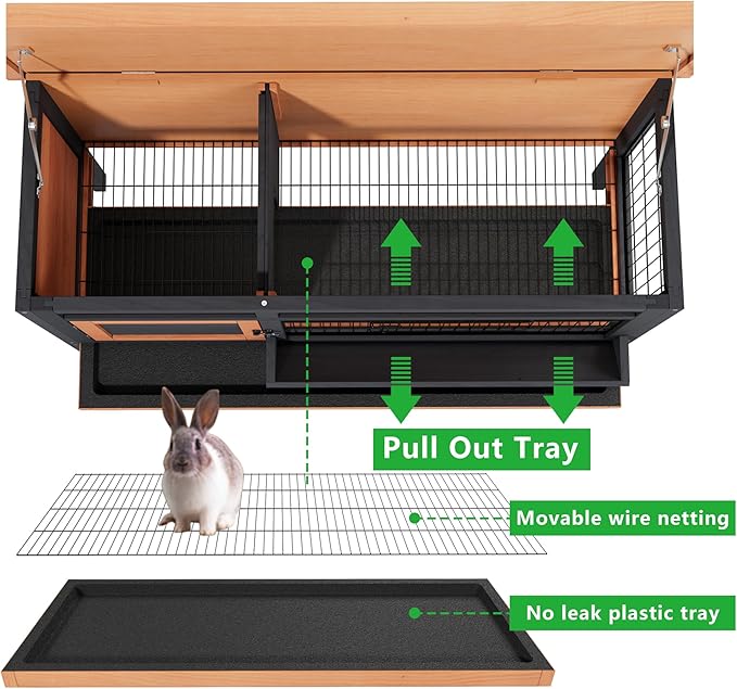 Wooden Rabbit Hutch Elevated Bunny Cage Indoor Outdoor, 43.3" Small Animal House with No Leak Tray Feeding Trough and Openable Asphalt Roof for Guinea Pigs Quails Ducks & Hedgehogs (Brown)