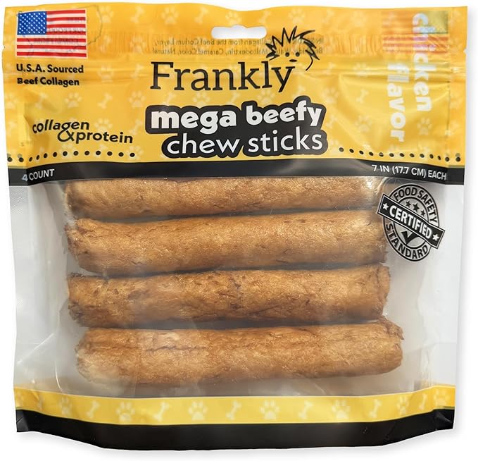 Frankly Original Pet - Chicken Flavored Mega Beefy Chew Stick for Dogs - High Protein Collegen Packed - Made in The U.S.A. - 4 Count 7" Stick