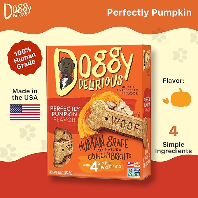 Doggy Delirious Crunchy Dog Treats – for All Pet Sizes, Breeds – All-Natural Puppy Treat – 100% Human-Grade – Delicious Pet Treat Bones, Snacks for Dogs – Pumpkin, 16 Oz.