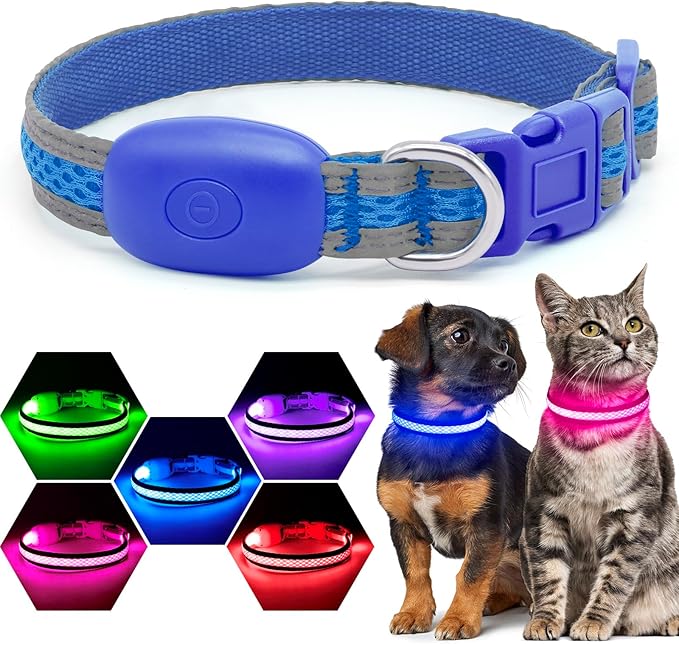 Flashseen LED Dog Collar, Light Up Dog Collar USB Rechargeable, Brightest Dog Lights for Night Walking, Adjustable Dog Collar Light for Dog Safety (Blue, X-Small)