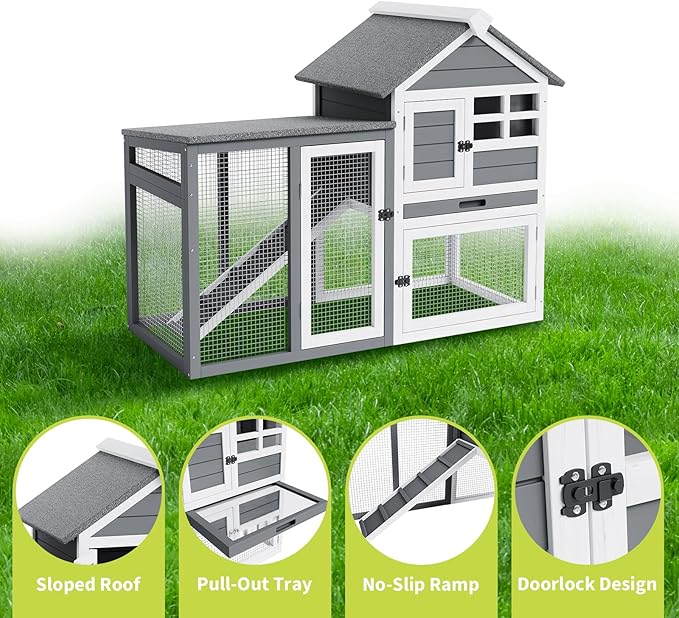 2-Story Rabbit Hutch, Small Wooden Chicken Coop, with Waterproof Roof, Pull Out Tray and Anti-Slip Ramp, Bunny Cage for Indoor Outdoor (45.28" L x 20.08" W x 36.61" H)