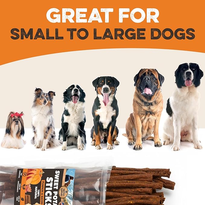 BRUTUS & BARNABY USA Sweet Potato Dog Treats - Grain Free, Pumpkin Bacon Crunchy Sticks - Great Tasting, Promotes Positive Dog Gut Health with Natural Anti-Diarrhea Properties, No Preservatives Added