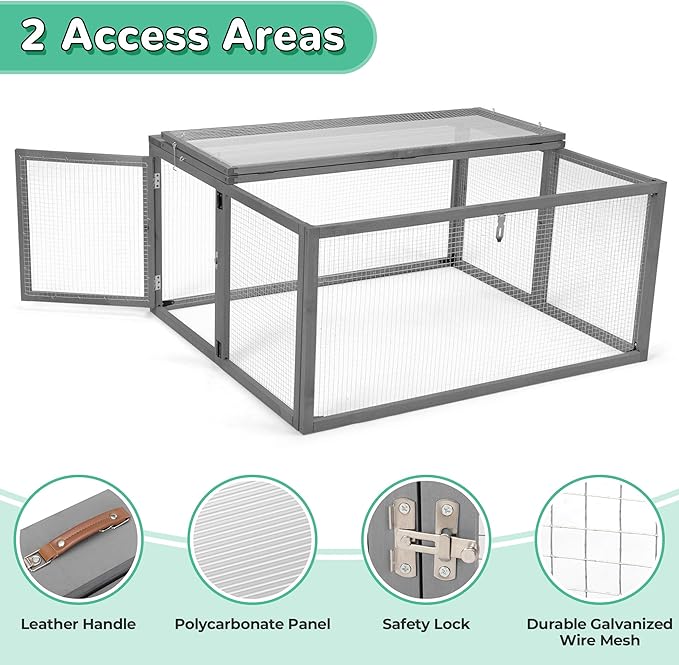 Portable Chicken Coop with UV-Proof Panel, 4X Garden Stakes, Wooden Rabbit Hutch, Chicken Brooder Box Indoor, Outdoor Folding Chicken Cage, Top & Side Openable Doors, 43.3Inch (Gray)