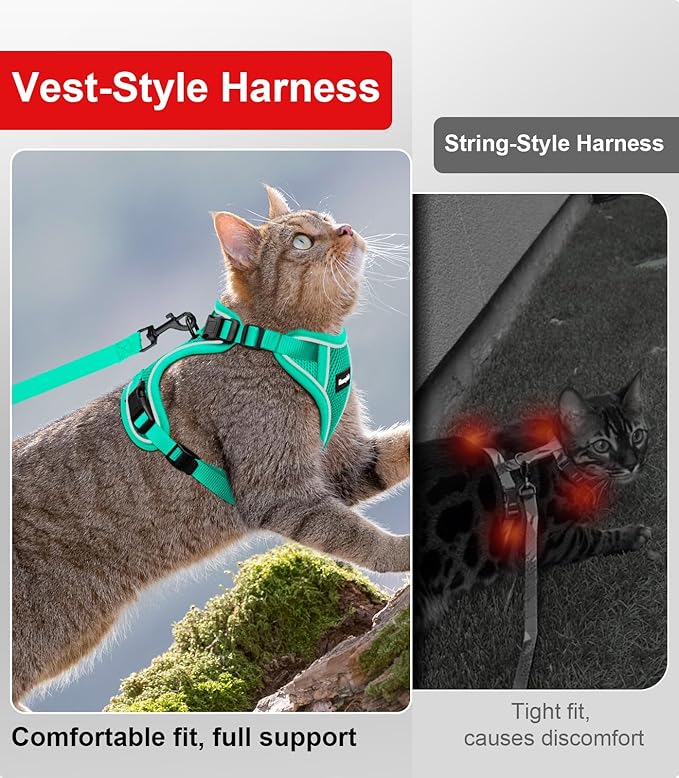 Cat Harness and Leash for Walking Escape Proof Soft Adjustable Cat Leash Breathable Comfortable Vest Easy to Wear Kitten Harness for Outdoor Travel (Emerald, XS (4-6lb))