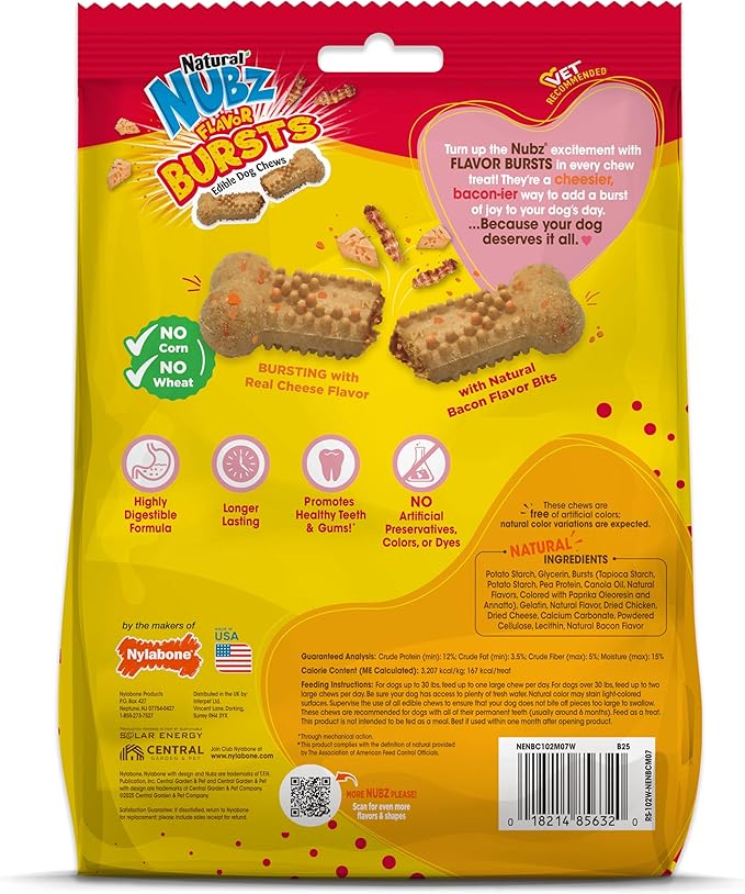 Nylabone Nubz Flavor Bursts Natural Dog Chews for Small Dogs, Long Lasting Chew Bones Made in the USA, Grain-Free Dog Treats, Bacon & Cheese Flavor, for Dogs Over 30 lbs. (7 Count)