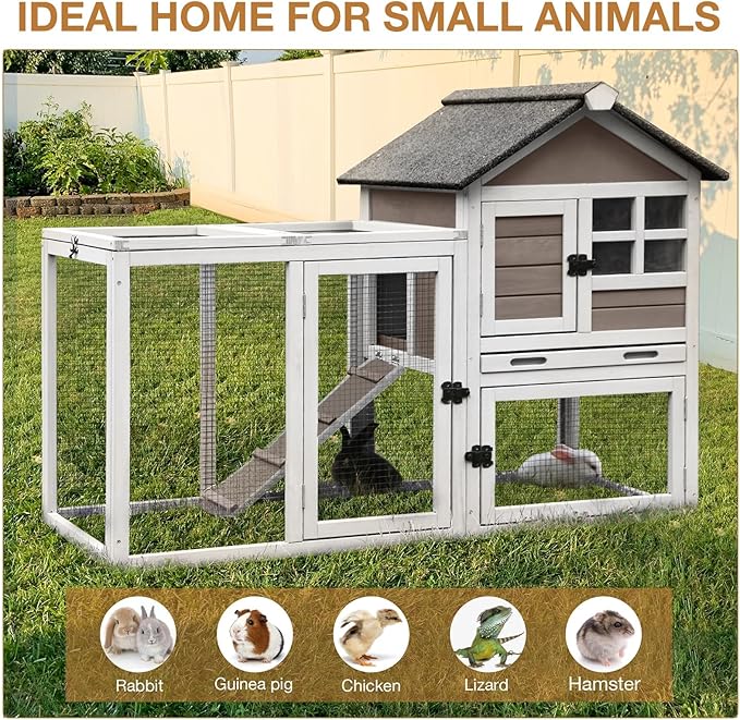 Aivituvin 51.6''L Rabbit Hutch Outdoor Chicken Coop, Indoor Bunny Cage with Run, Guinea Pig House with Pull Out Upper Tray (Brown)