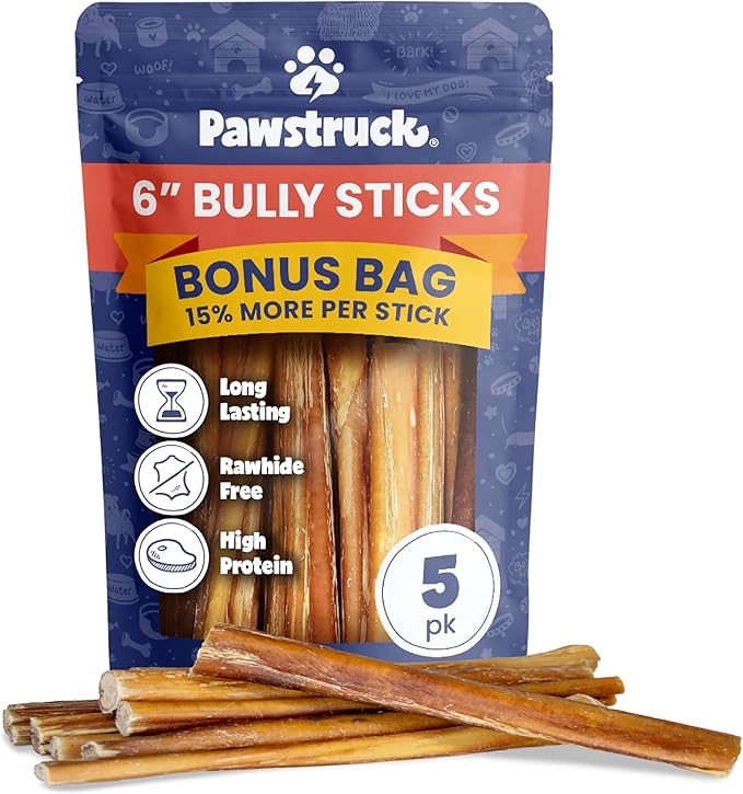 Pawstruck 6 Inch Bully Sticks with Bonus Inch for Dogs (5 Pack) - All Natural Beef Pizzle, Long Lasting, Rawhide-Free, Low Odor, Single Ingredient Dog Chews & Dental Treats