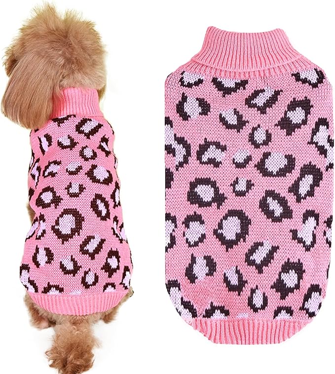 Leopard Knit Sweaters for Small Dogs, Pink Turtleneck Pullover for Pet, Puppies Cats Winter Sweater for Valentines Day Holiday
