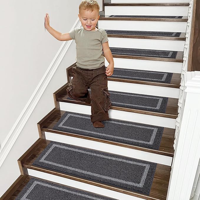 COSY HOMEER Soft Stair Treads Non-Slip Carpet Mat 28inX9in Indoor Stair Runners for Wooden Steps,Stair Rugs for Kids and Dogs, 100% Polyester TPE Backing 10pcs,Black