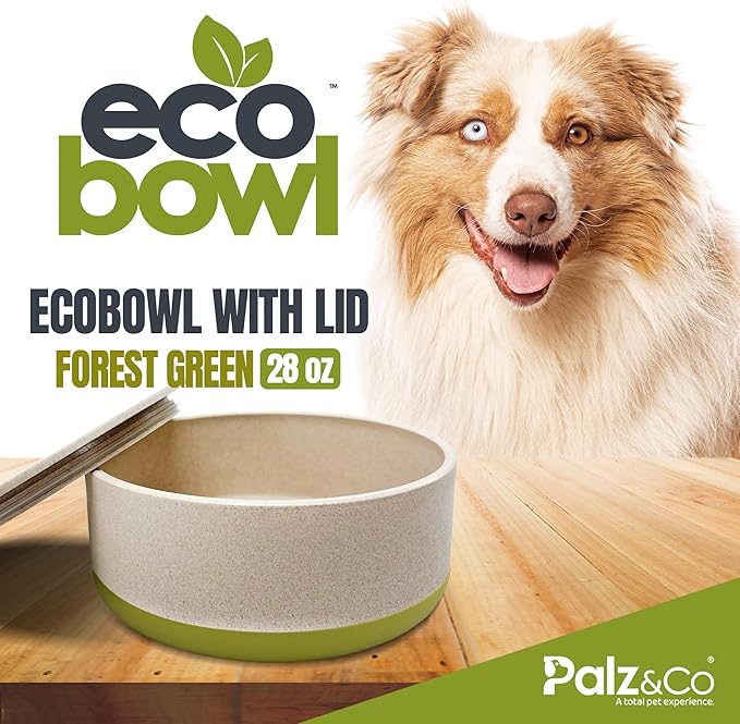 Palz&Co EcoBowl with Lid for Dogs & Cats, 28 oz Green - Natural Bamboo Pet Bowl with Non-Slip Base, Pet Food and Water Dish, Dishwasher Safe