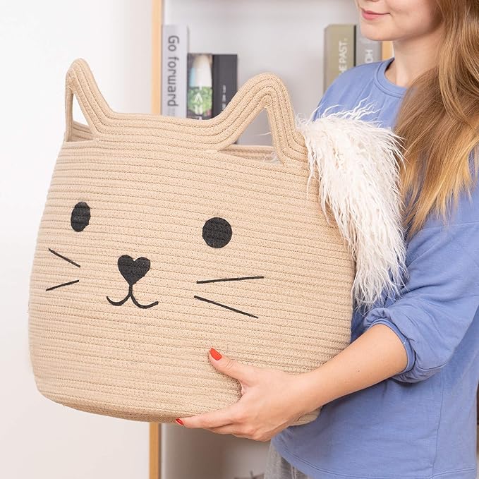 VK VK·LIVING Animal Baskets Large Woven Cotton Rope Storage with Cute Cat Design Laundry Organizer for Towels, Blanket, Toys, Clothes, Gifts – Cat Toy Box Pet or Baby Gift Baskets 15"Lx14H"