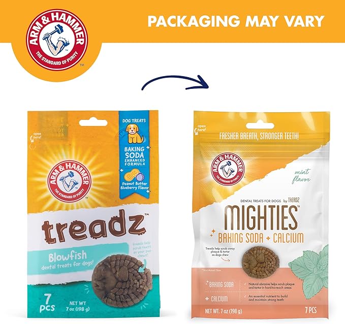 Arm & Hammer for Pets Mighties by TREADZ Dental Treats for Dogs with Baking Soda & Calcium, Help Fight Bad Breath, Plaque & Tartar, Mint, Tough Puffer Shaped, 7 Pcs (Packaging May Vary)