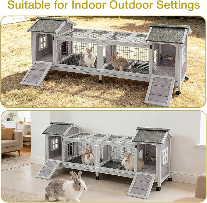 Rabbit Hutch Indoor Outdoor, Large Bunny Cage with Double House and Run, 10.4 ft² Guinea Pig House, Upgrade Deeper No-Leak Trays, On Wheels for Easy Moving