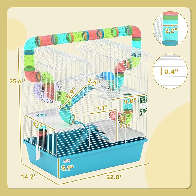 PawHut 4 Tier Hamster Cage, Large Twin Tower Design Gebril Cage with Exercise Wheel, Tubes, Hut, Ramps, Food Dish, Water Bottle, 22.8" x 14.2" x 25.6", Light Blue