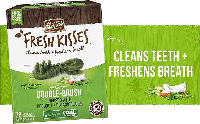 Merrick Fresh Kisses Double-Brush Dental Dog Treats, Infused with Coconut & Botanical Oils, Cleans & Freshens Breath for X-Small Dogs, 78 Dental Dog Treats/Pack (Pack of 2)